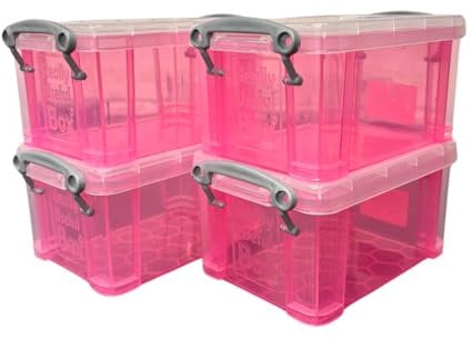 Really Useful Box, 0.7L, Clear Plastic Storage Boxes with Lids, Set of 4 (Pink)