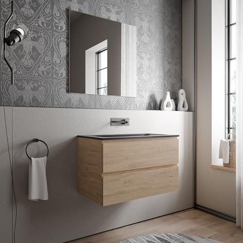 Bernstein Badmöbel-Set AVA 80cm bestehend aus Mineralguss-Waschbecken mit Unterschrank in Eiche honiggold, Waschtisch Cream - Schwarz matt ohne Hahnloch, Ideal für mittelgroße Bäder und Badezimmer