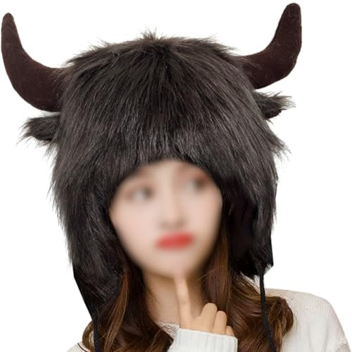 EHERDM Büffelhut mit Hörnern Kunstpelz Kuhhorn Hut Plüsch Flauschig Kunstfell 2in1, Braun, 22-24inch