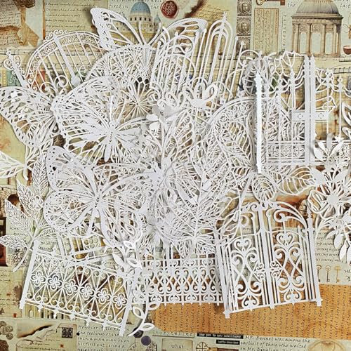 30 Stück Vintage Cutout Lace Scrapbook-Papier, Scrapbooking-Dekorationspapier für Journaling-Zubehör, Blätter, Rahmen, Blumen, Schmetterling, weißes Cutout-Papier für Alben, Junk Bullet, DIY-Basteln