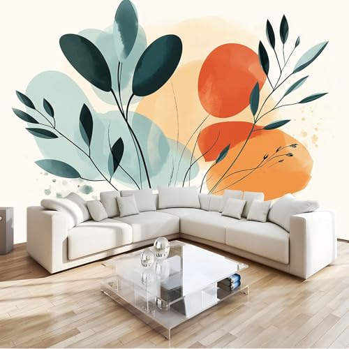 Papier Peint Panoramique Illustration botanique minimaliste abstraite Taille Personnalisée Disponible, Pour Salon Chambre Décoration Murale Couleur orange Design moderne 300 x 210 cm