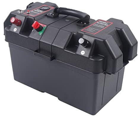 WooDerson Battery Box for Boat Boat Engine, Multi-function Battery Box Portable Leisure Battery Case with Dual USB and Fixed Belt for Small-Boat Transom Motorhome Black