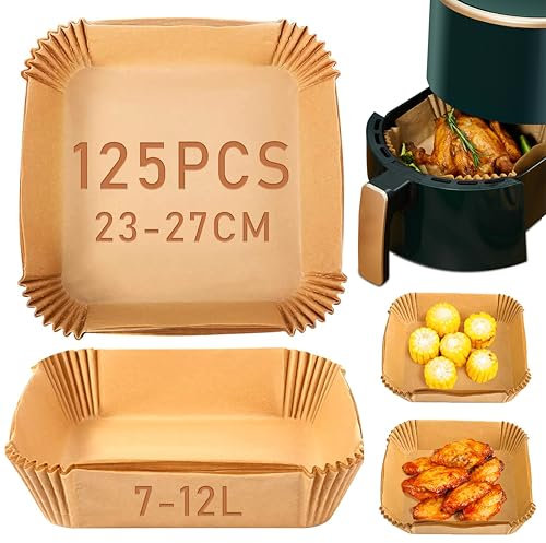 Papel Freidora Aire 125 Piezas, 23-27 cm Papel para Freidora de Aire Impermeable a Prueba de Aceite Cuadrado de 7 a 12 litros Airfryer Compatible con COSORI/NINJA