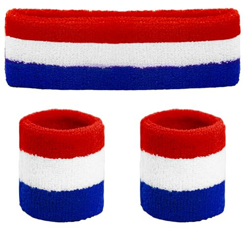 Ronglry Lot de 3 bandeaux de sport et bandeau patriotiques américains pour femmes et hommes - Bandeau de transpiration rayé rouge blanc bleu - USA