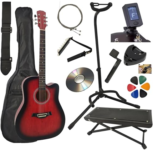 AMROVA Guitare Acoustique Folk 4/4 Adulte 41 Pouces + Support Guitare + Repose Pied + 9 Accessoires Cour Vidéo et CD (Rouge)