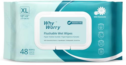 WhyWorry Flushable Wipes for Adults, Extra Large 20x25 cm Flushable Toilet Wipes with Chamomile & Vitamin E, Moist Toilet Tissues Sensitive, 100% Plant-Based, Septic & Sewer Safe, Unscented, 48 Count