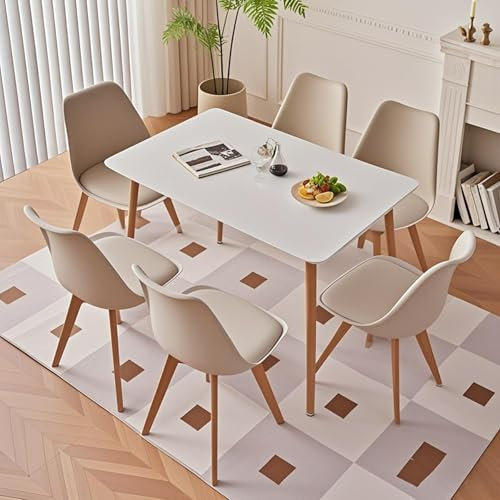 TTATC Mesa de Comedor con Juego de 6 Sillas, Mesa de Comedor Moderna Rectangular, 6 Sillas de Comedor con Patas de Madera de Haya, para Cocina, Sala, Comedor (Beige)