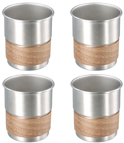 Kioiner 4 Stück 300ml Edelstahlbecher, Tragbarer Camping Becher, Edelstahl Tasse mit Tassenschutz aus Holz, Edelstahl Bierkrüge, Silber