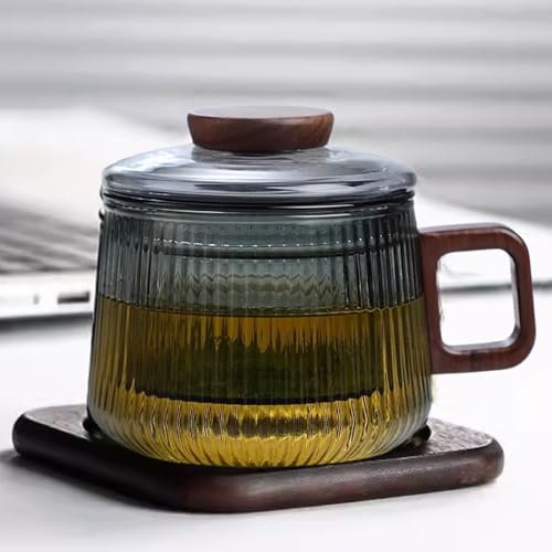 JanYoo Glass Tea Cup with Lid and Strainer, 200 ml Walnut Wood Loose Tea Cup Tea Glass Tea Cup Made of Borosilicate Glass Cup with Wooden Coasters, Grey Stripes
