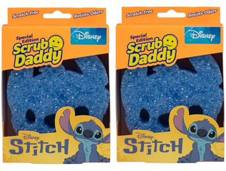 Scrub Daddy Disney Stitch Esponja, Estropajo Cara Sonriente Limpieza Anti-Rayaduras, Esponja Lavable Antibacteriana y Reutilizable para Cocina y Baño, con Flextexture - Paquete de 2