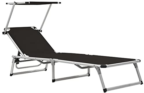 Sonnenliege Klappbar mit Sonnenschutz aus Aluminium und Textilene, Verstellbare Rückenlehne, Leichte und Wetterfeste Gartenliege, Camping Liegestuhl, Strandliege Klappbar, Schwarz, 186 x 58 x 25.5 cm