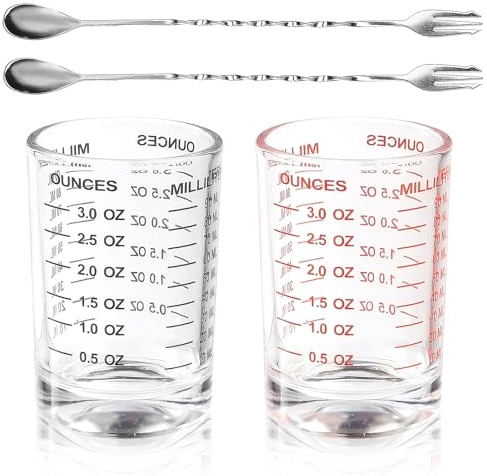 Ziyonix 2 Stück Messbecher 90ml Messbecher Glas Klein Jigger Cocktail Bar Zubehör mit 2 Rührlöffeln für Küche, Bar, Party, Cocktail, Tequila, Wodka (Schwarz, Rot)