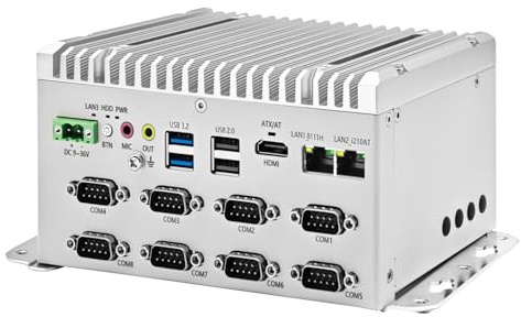 Glovary Fanless Mini PC J6412 (4C4T, up to 2.6GHz), Lüfterloser Industrial Computer Din Rail, Barebone, 8 x RS232 COM, 4K HD, 2USB3.2, 9-36V Auto Power On