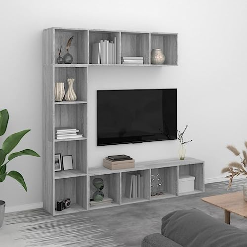 DYRJDJWIDHW 3-TLG. Bücherregal TV-Schrank Set Grau Sonoma 180x30x180 cm Moderner Wohnzimmer Regalschrank mit 12 Fächern Stauraum für Bücher Zeitschriften Multimedia Möbel