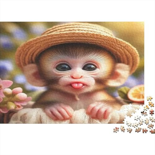 Monkey 1000 Pieces Jigsaw Puzzle Dust-Free for Adults Kids Eco-Friendly Paper Monkey with Straw Hat Educational Concentration Game Night Parent-Child Gift 70x50cm/1000pcs