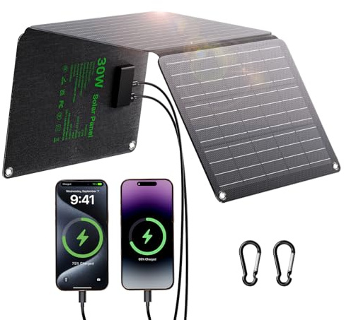 30W Solarpanel Faltbar, Tragbares Outdoor Solar Ladegerät IP67 Wasserdichtes mit 3 Anschlüsse (USB-C+USB-A+DC) für Outdoor Camping, Smartphone, Mobile Powerbank