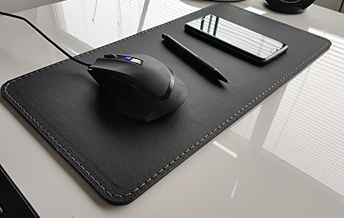 Profi-Mats Mauspad Echt Leder 40 x 20 cm Schwarz mit Silbergrauer Naht