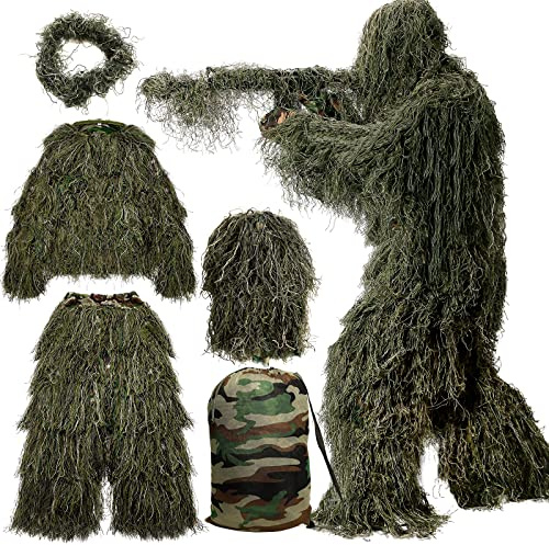 MOPHOTO Traje de Camuflaje 5 en 1 para jóvenes, Ropa de Caza, Incluye Chaqueta, Pantalones, Capucha, Envoltura de Rifle, Bolsa de Transporte Adecuada para niños/niños