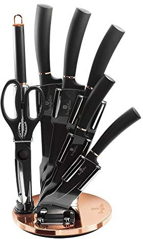 BerlingerHaus Haus Black Rose Professionelles Küchenmesser-Set 8-Teilig, Edelstahl, Antihaftbeschichtung, Acrylhalter, Kochmesser, Zwiebelmesser, Santoku-Messer, Wetzstahl, Schere, Modernes Design, BH-2421, Schwarz