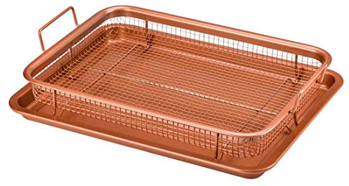 Ossian Copper Crisper Tray Set – Premium 2pc Non-Stick Oven Baking Tray with Elevated Mesh Crisping Basket for 360° Heat Air Circulation and Handles - Even Healthy Oil Fat Free Home Kitchen Cooking