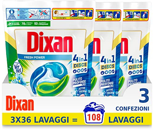 Dixan Discs Freschezza Di Vernel, Detersivo Lavatrice Predosato In Capsule, confezione da 3X36 Lavaggi (118 lavaggi), 2700 Gr