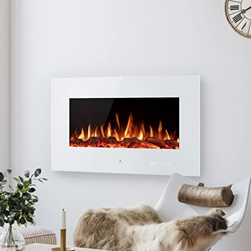 Noble Flame VEGAS Hifi - Elektrokamin Wandkamin mit Elektroeinsatz Heizung Ambiente-Wandbeleuchtung Bluetooth-Lautsprecher – 1070 mm breit weiß