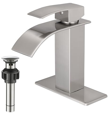 VOTON Rubinetti da bagno a cascata in nichel spazzolato moderno rubinetto per lavabo da bagno monocomando rubinetto da bagno per 1 o 3 fori con piastra di coperta e scarico pop-up, lavandino camper