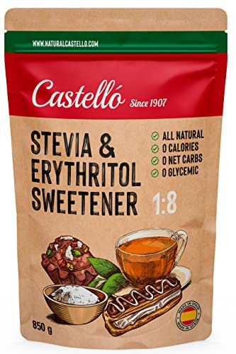 Stevia + Erythrit 1:8 Süßstoff | 1g = 8g Zucker | 100% Natürlich schmeckender Zuckerersatz - 0 Kalorien - 0 Glykämischer Index - Keto und Paleo - 0 Netto-Kohlenhydrate - Castello since 1907-850 g
