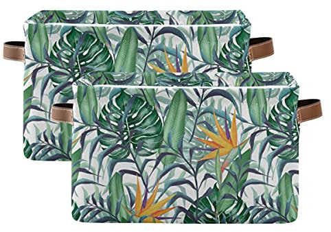 ALAZA Fabric Storage Boxes with Leather Handle, Set of 2, Tropical Plants Flower Waterproof Collapsible Canvas Organiser Cubes Toys Clothes Storage Cube Bins for Shelves Closet Household Organizer