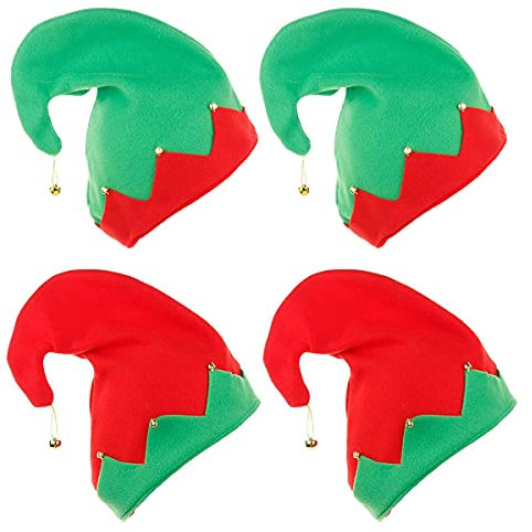 Osuter 4PCS Weihnachtself Mütze mit Glöckchen Elfenmütze Lustige Weihnachtsmütze Elfen Hut für Kinder (31 * 32cm)
