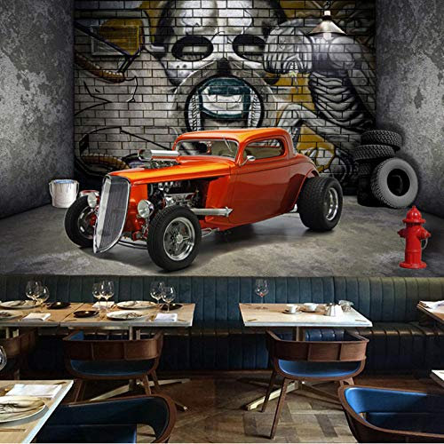 Photo Papier Peint Mur de briques graffiti voiture 3D Intissé Décoration Murale XXL Poster Trompe l oeil Tableaux Muraux pour Salon Chambre Toile de Fond Mur 300x210cm