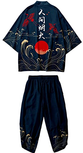 DOSLAVIDA Ensemble de veste kimono japonaise pour homme - Élégant manteau ouvert sur le devant avec short - Style chinois - Cardigan imprimé, Pantalon bleu, X-Small