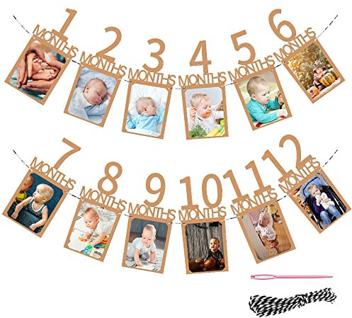 Fotogirlande 1. Geburtstag, Baby Ersten Geburtstag Girlande Foto Banner, Hängende Foto Wanddekoration, Kinder Monatlich Bild Prop für Party Dekor Mädchen/Jungen - Kraftpapier