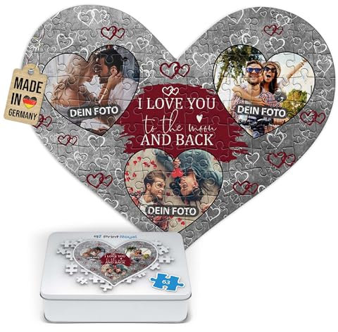 Foto-Puzzle selbst gestalten - I Love You - mit 3 Fotos Bedrucken - Herz-Puzzle Personalisieren - Geschenk zu Valentinstag, Jahrestag - 63 Teile inkl. Metalldose