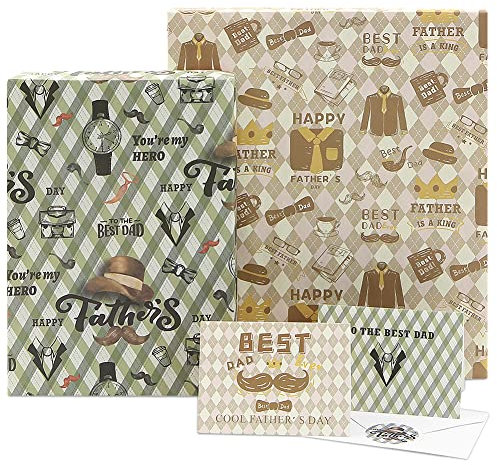 Geschenkpapier Zum Vatertag, Retro-Plaid, gefaltetes Geschenkpapier, 6 Blatt, 50 x 70 cm, recycelbar, Bart, Krawatte, Hut, Uhr, Muster, Geschenkpapier für Papa,Großvater mit Karten-Umschlag-Aufklebern