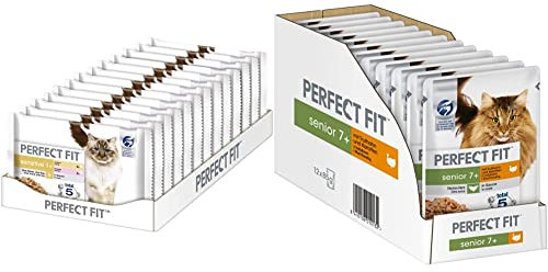 Sensitive 1+ – Nassfutter für Katzen ab 1 Jahr – Lachs in Sauce & Huhn – 13 x 4 x 85 g Senior 7+ – Nassfutter für Katzen ab 7 Jahren – Mit Truthahn und Karotten – 12 x 85 g