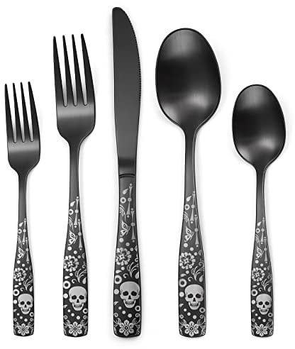 OIULO Besteck-Set für 8 Personen, 40-teilig, 18/0 Edelstahl, matt, Skelett-Blume, einzigartiges Totenkopf-Design, Satin-Finish, Gothic-Messer, Gabel, Löffel, Besteck, tägliche Halloween-Party,