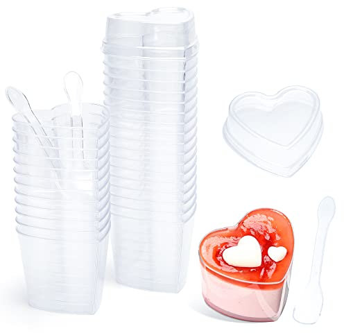 30 Pcs Dessert Cups with Lids and Spoons, 150ml/5.3oz Heart Shape Dessert Cups Set Reusable Plastic Dessert Pots for Dessert Pudding Mousse Ice Cream Cheesecake