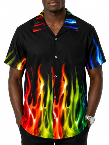 King Kameha Herren Hawaiihemd Kurzarm, Sommer Aloha Shirt mit Flammen Print