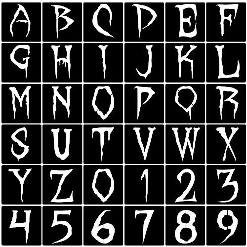 36 Stück Halloween-Buchstaben-Schablonen, wiederverwendbare Halloween-Zahlenschablone, DIY-Alphabet-Schablone zum Malen auf Holz, Leinwand, wiederverwendbare Vorlage, Stoff, Heimdekoration (2.5 cm)