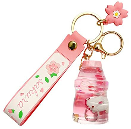 KUPOOL Porte-clés créatif flottant Fleurs de cerisier Lapin Porte-clés Huile liquide Lapin Cœur en mouvement Tasse de thé au lait Porte-clés Sable mouvant Chaîne de clés Cadeau, Rose (ZRX-SY11)