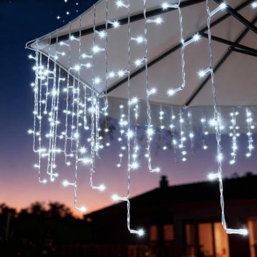 Zichaojia Eisregen Lichterkette Außen, LED Lichtervorhang mit Timer, IP44 Wasserdicht 8 Modi für Innenausstattung Außenbereich Schlafzimmer Hochzeit Weihnachten Party(Kaltweiß, 15m, 600 LED)