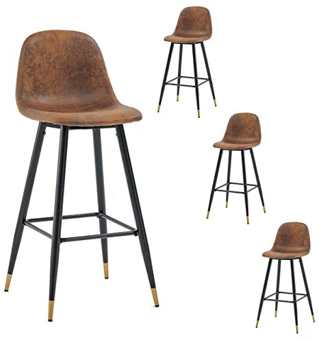 MEUBLE COSY Lot de 4 Tabouret de Bar Rétro Vintage avec Dossier et Repose-Pieds, Siège Rembourrés de 76 cm de Haut, Style Industriel, Chaises Hautes en suédine Marron, Pieds en Métal Noir et Or