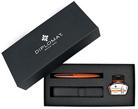 DIPLOMAT - Geschenkset Füllfederhalter Aero Stripes - Orange - 1 Füllhalter + 1 Tintenfass mit orangefarbener Tinte + 1 Lederetui - 5 Jahre Garantie