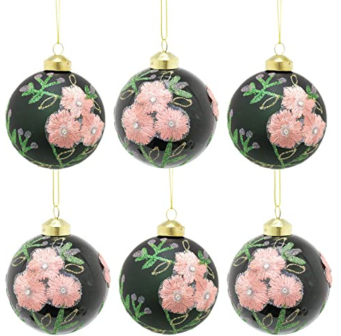 Set Of 6 Embroidered Floral Christmas Tree Baubles | Green Glitter Christmas Tree Hanging Ornaments | Xmas Baubles Christmas Baubles Christmas Decorations