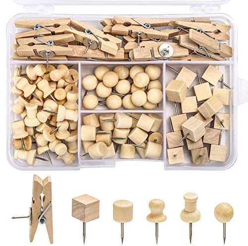 102 Pcs Wood Push Pins 6 Sizes Thumb Tacks for Wall Hangings Corkboard Office or Home