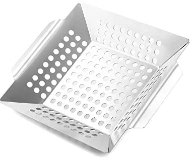 QWORK® cestello per barbecue in acciaio inossidabile, per verdure, carne e pesce, accessori per griglia, 21 x 21 x 4 cm