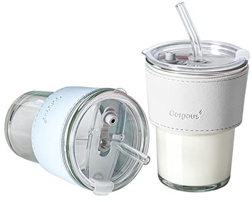 Glasbecher mit Strohhalm und Deckel, 400 ml, 2 Stück – der perfekte wiederverwendbare Kaffeebecher aus Glas