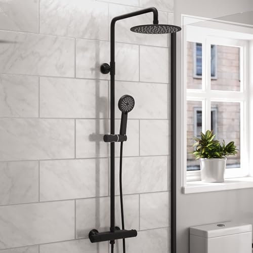 Nes Home Modern Square or Round Exposed Thermostatic Mixer Shower Set Shower Head and Handheld Chrome or Matte Black (Round, Matte Black) (Black Round Shower Head) (ESHH04)