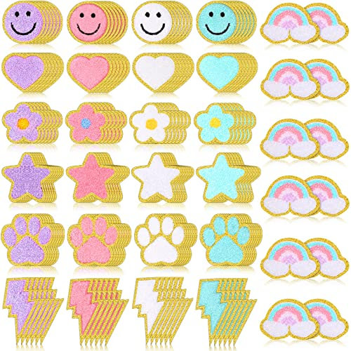 Yilloog 156 Pcs Glitter Self Adhesive Letters Chenille Clothing Patches Embroidered Repair Fuzzy Patches Alphabet Gold Trimmed Preppy Clothing Badges Sewing Appliques(Pastel Cute)